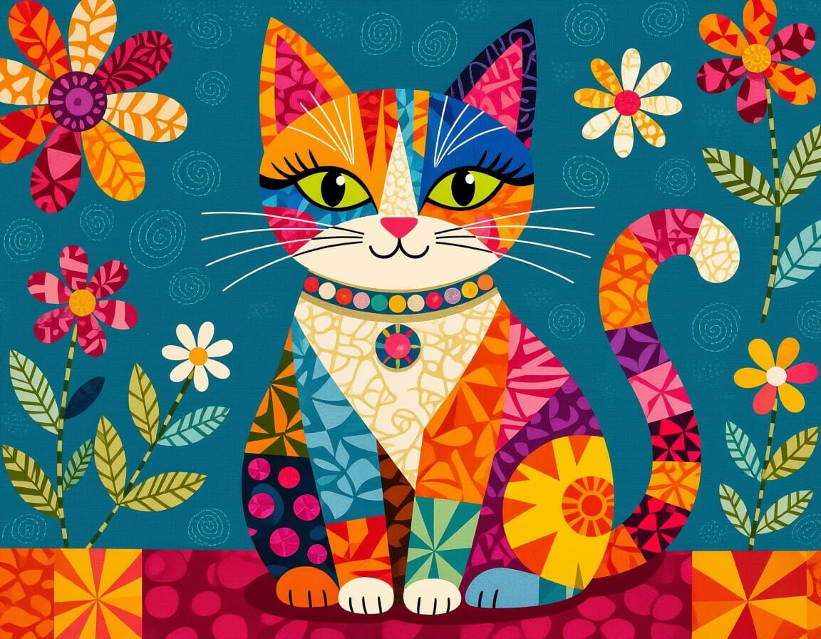 a boho cat knit out of patterned quilting fabric but wildly textural and pleasantly hued