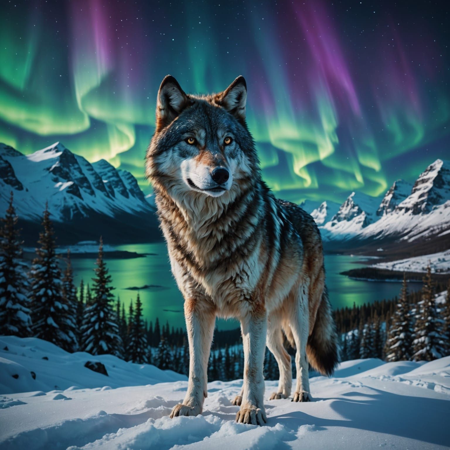 Arctic Wolf Under Northern Lights, Digital Art