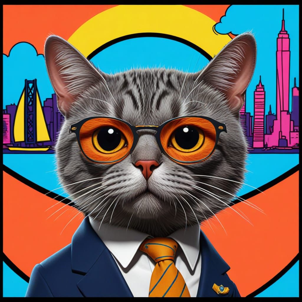 Bored Cat in NYC Yacht Club, in Trending Pop Art Style