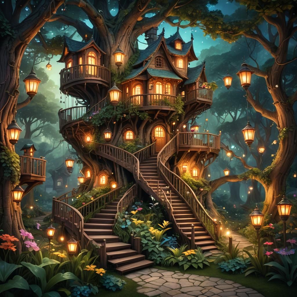 Enchanted Garden Treehouse in Fantasy Illustration Style