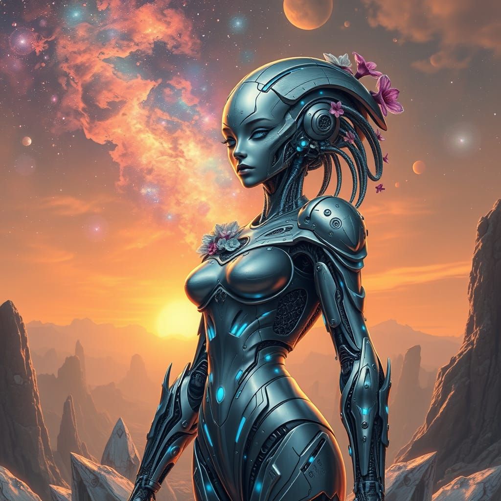 Robotic Alien Woman in Silver Armor