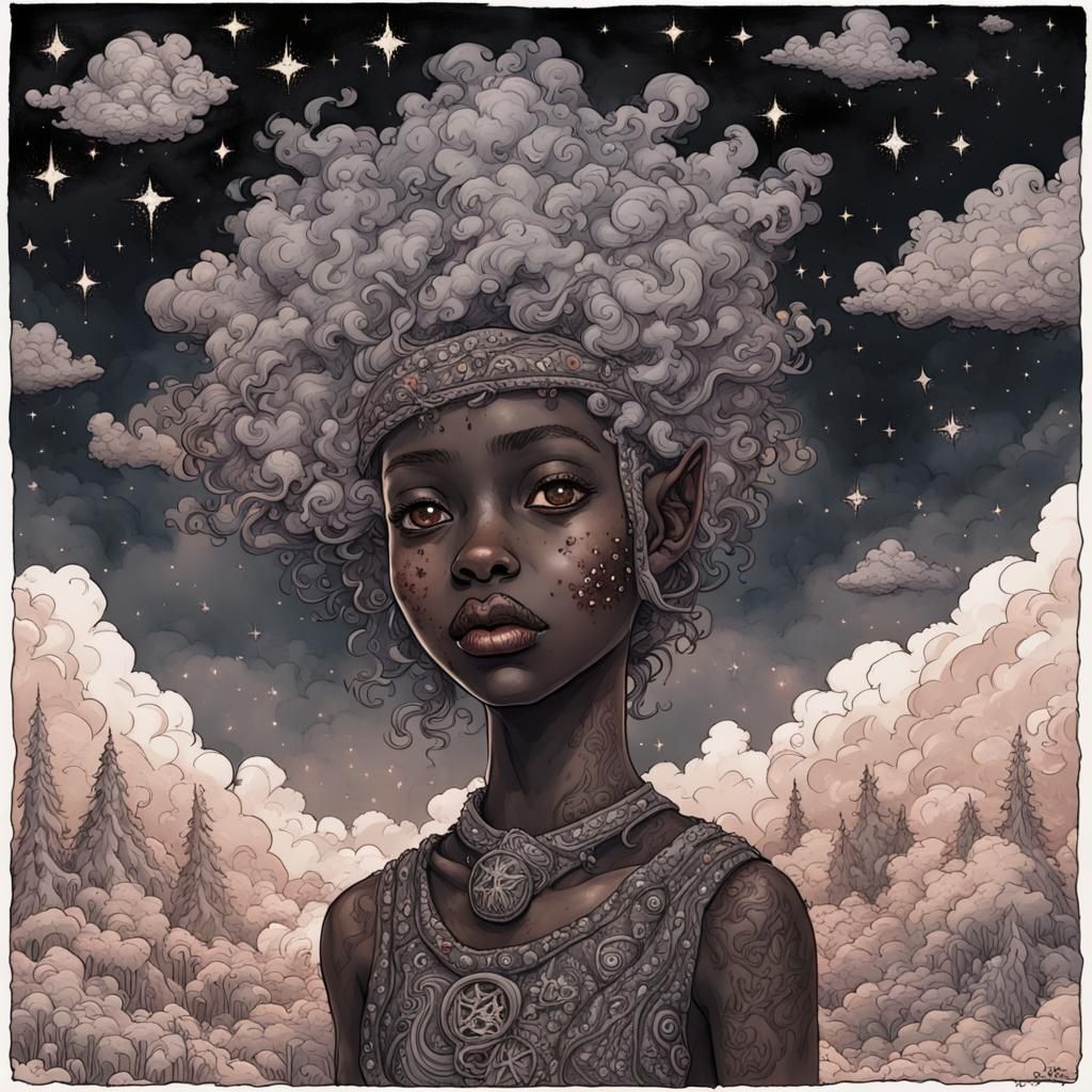 Cozy Elf in Apocalyptic Star Cloud: Digital Art