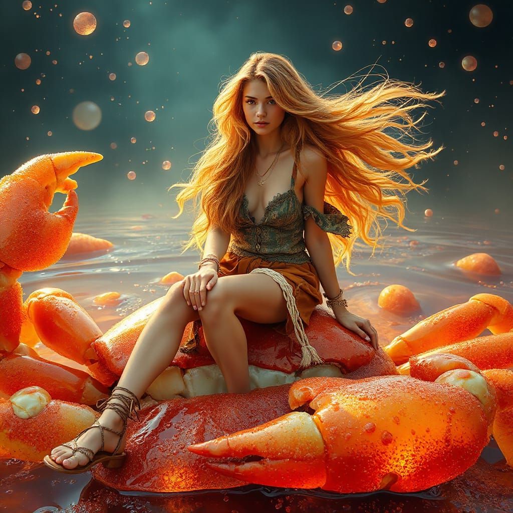 Woman on Gummy Crab in Effervescent Soda Sea