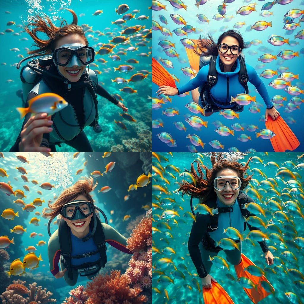 A Woman Dives with Vibrant Fish in an Underwater Paradise