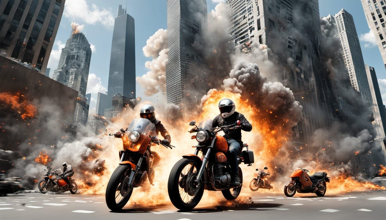 Cubist Urban Chaos: Motorcyclist Amidst Megastructure Skyscr...