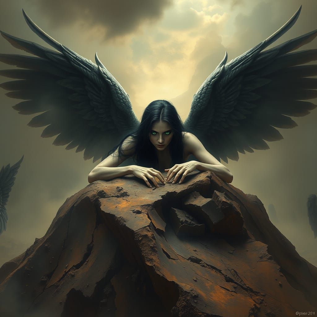 Majestic Fallen Angel in Haunting, Atmospheric Scene