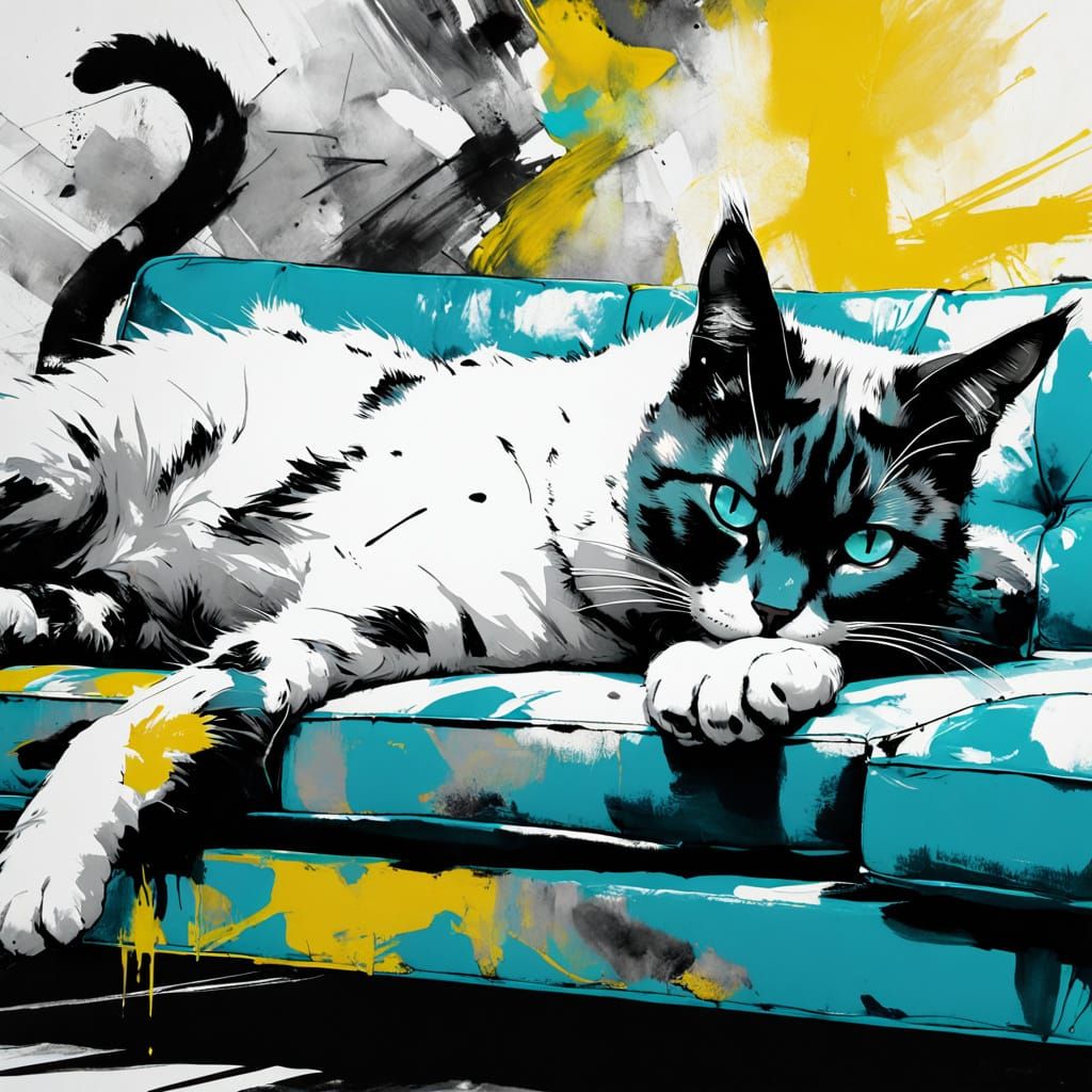 Psychedelic Ink Painting of a Cat on Sofa