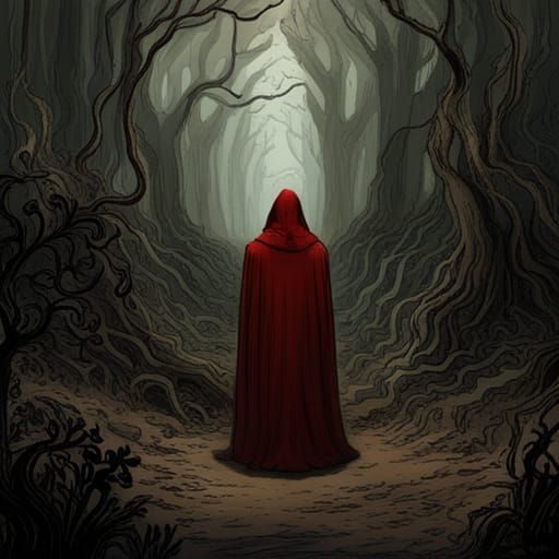 Sinister Figure in Red Cloak, Forest Scene