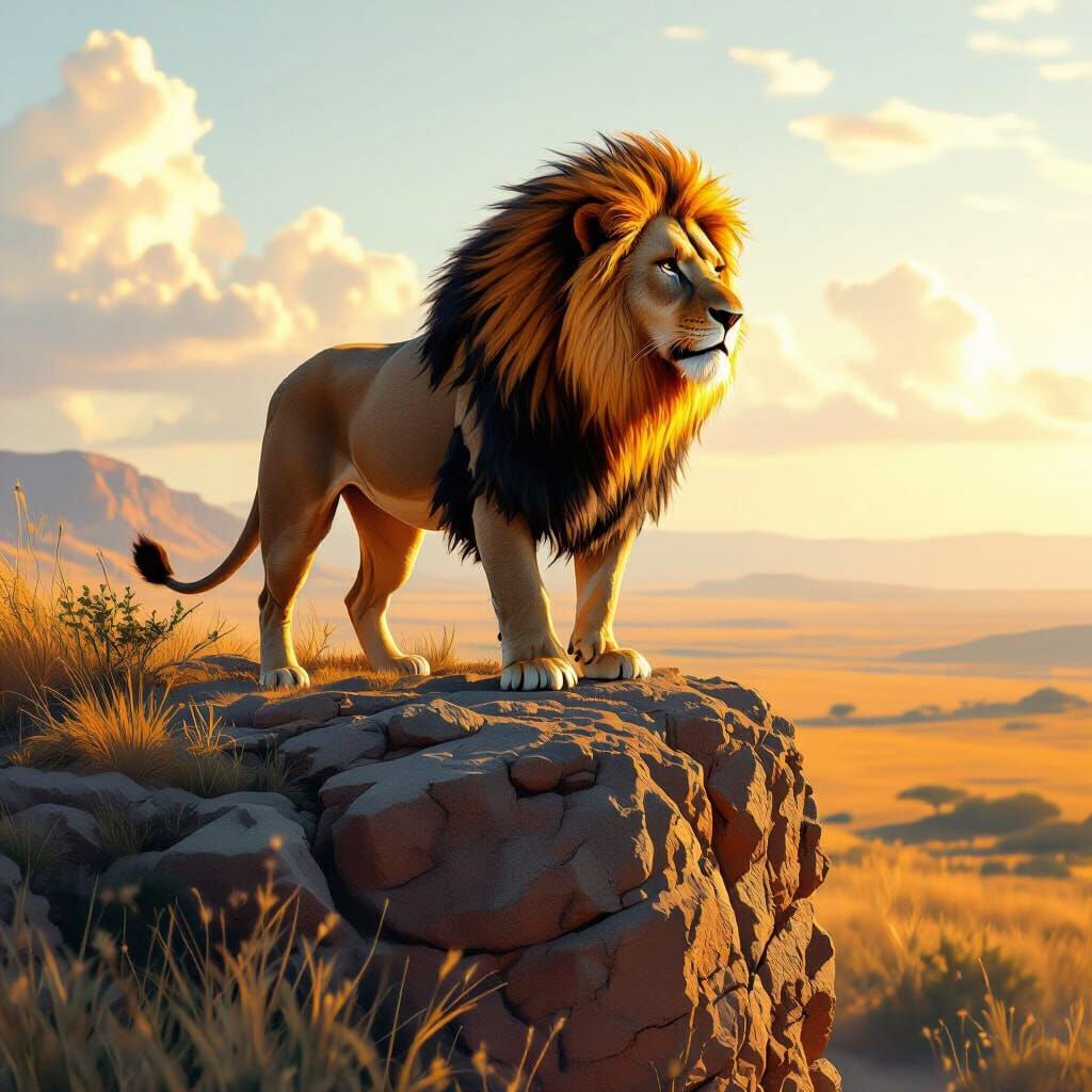 Lion with Flaming Mane on Sunny Savannah