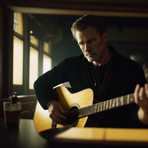 Guitarist in Dimly Lit Bar: Cinematic Film Still