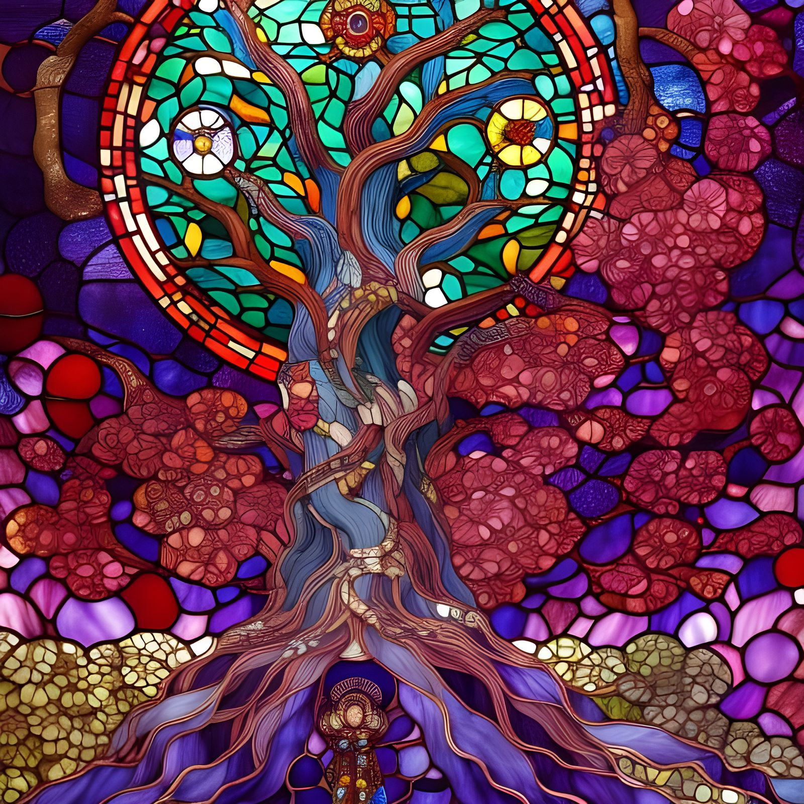 Stained Glass Yggdrasil Tree in Whimsical Style
