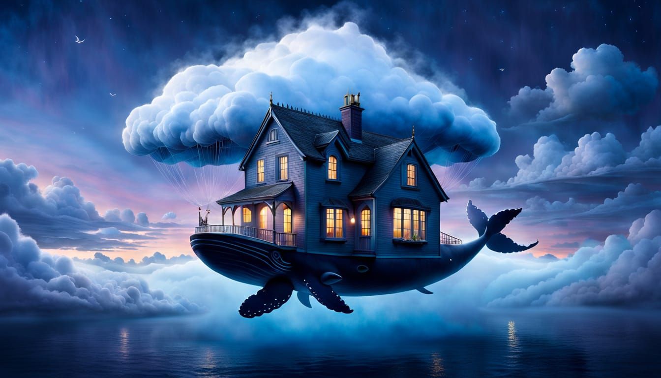 Whimsical Cloud House Floating on Misty Whale