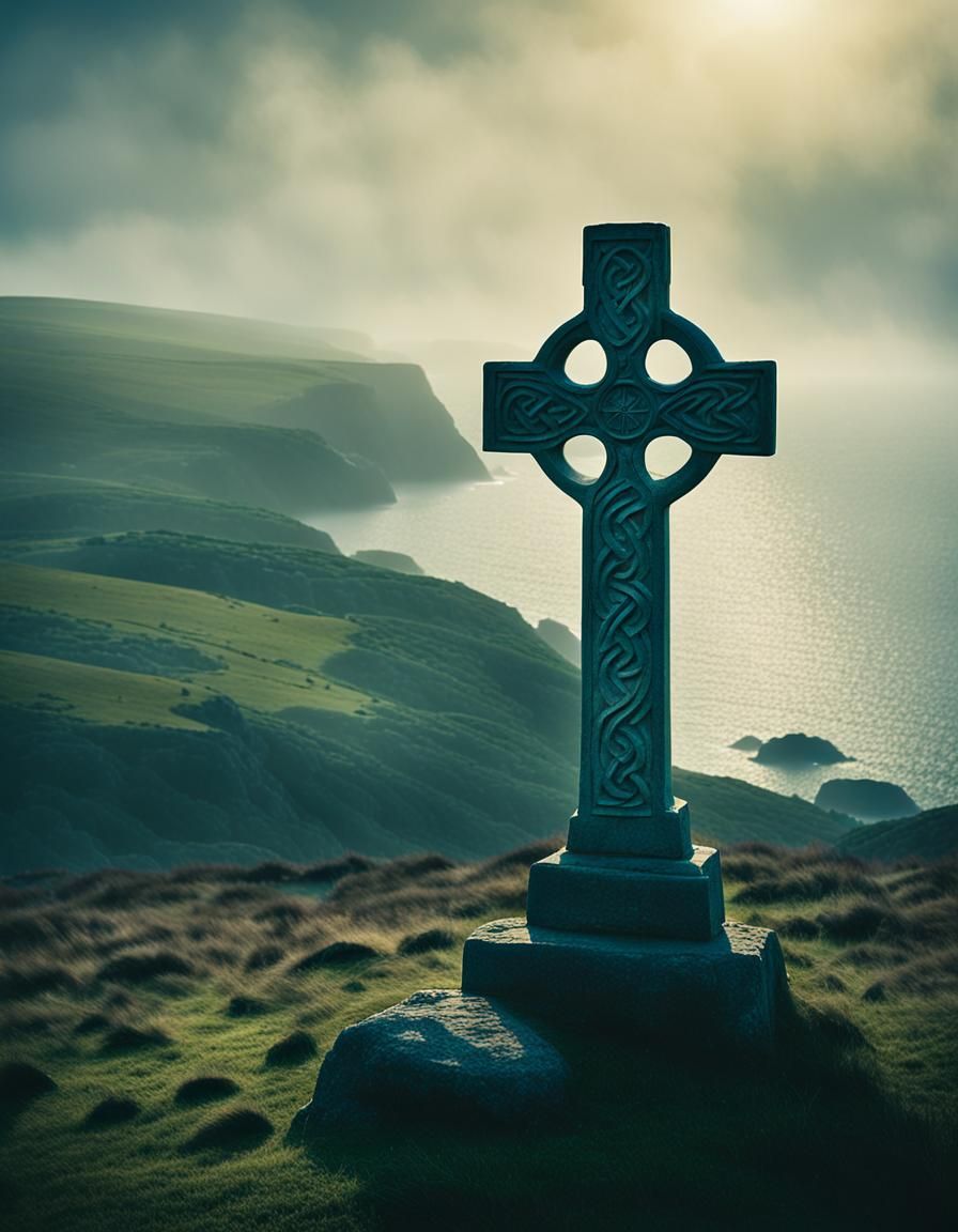 Celtic Cross in Misty Cornish Landscape