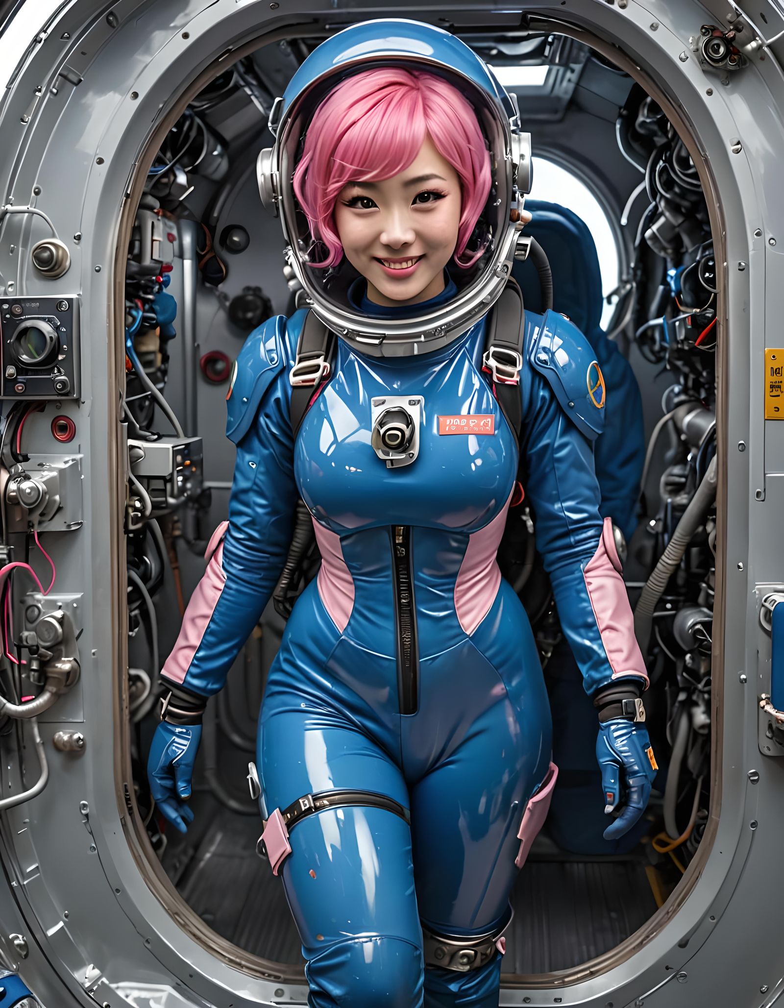 Voluptuous Astronaut Smiles in Spacesuit on Spaceship Hull