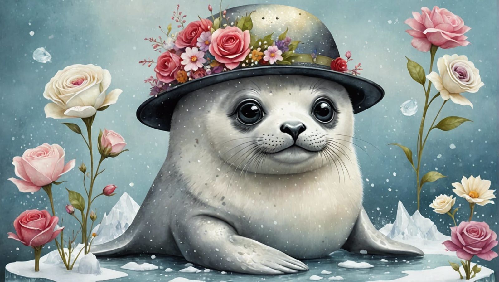 Fantasy Baby Seal with Flowers, Watercolor Digital Art