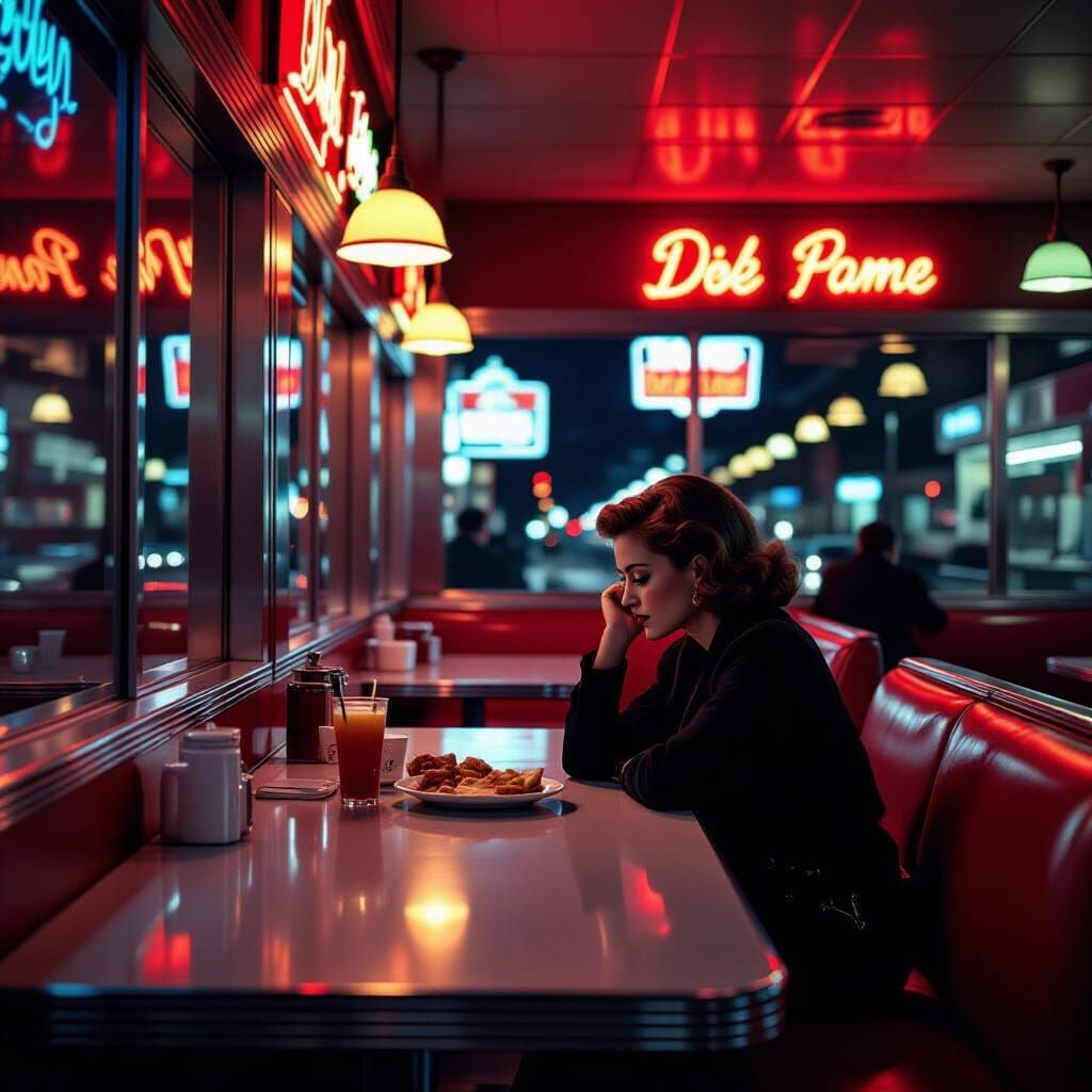 1950s Diner at Midnight: Nostalgic Solitude in Hyperrealisti...