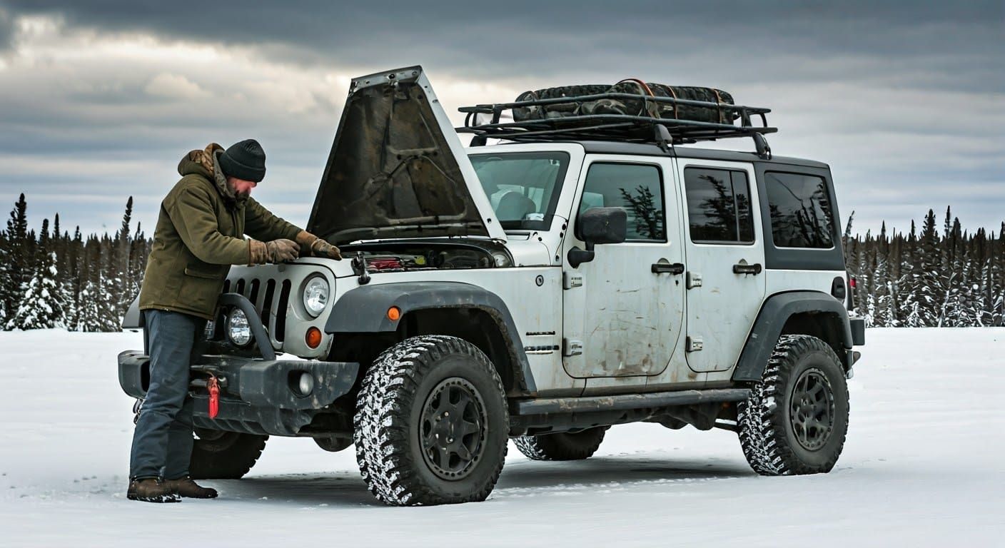 Quebec Winter: Outdoorsman and Battered Jeep Wrangler