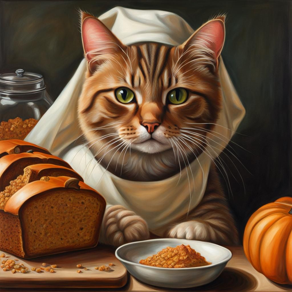 Hyperrealistic Cat Baking Pumpkin Bread Portrait