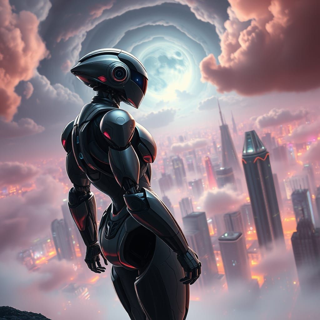 Epic Cyberpunk Space Robot Gazing Over Cityscape