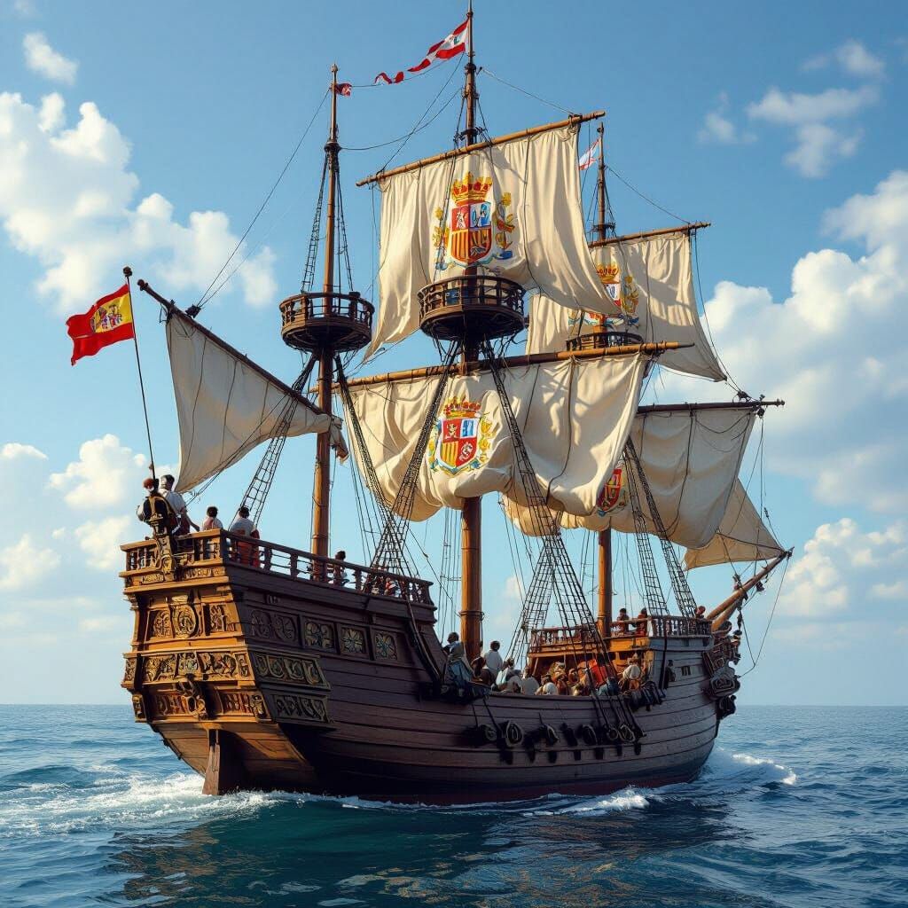 Spanish Frigate Sails Calm Ocean: Hyperrealistic Rendering