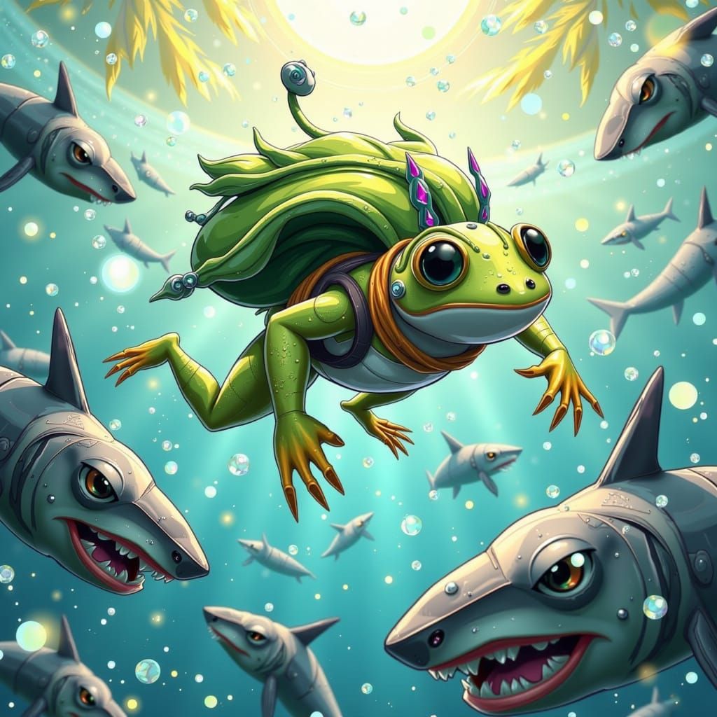 Surreal Frogger Jumps Over Sharks in a Vibrant Tropical Scen...