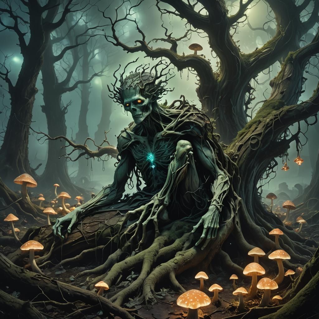 Dying Figure Surrounded by Bioluminescent Mushrooms