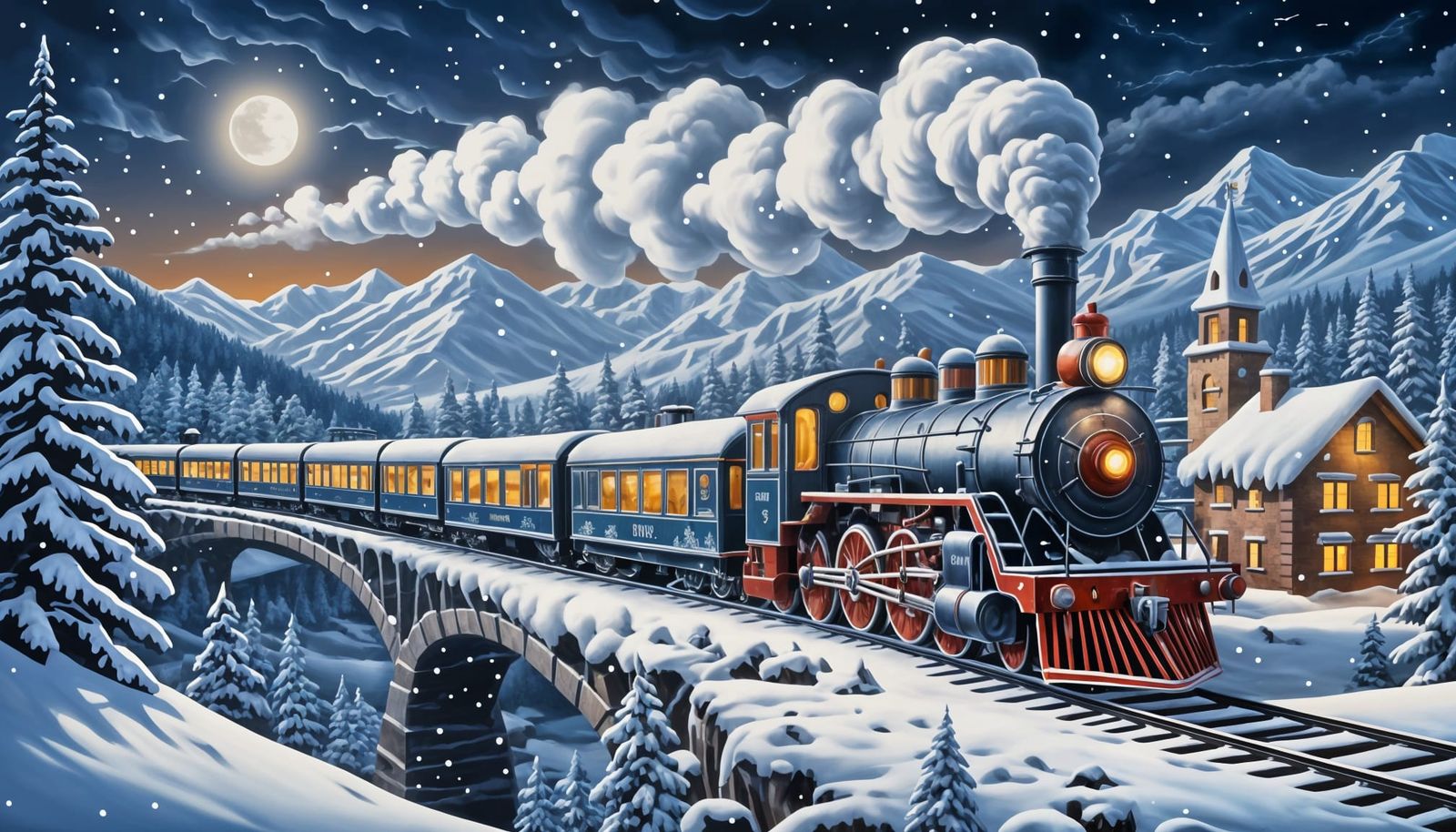 Festive Winter Train in Oil Painting Style