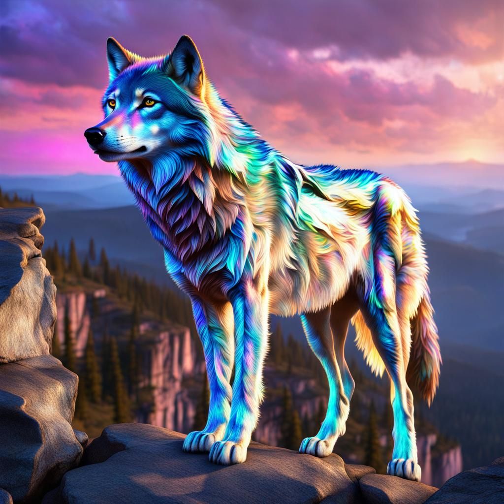 Holographic Wolf Overlooking Pack in Hyperrealistic Style