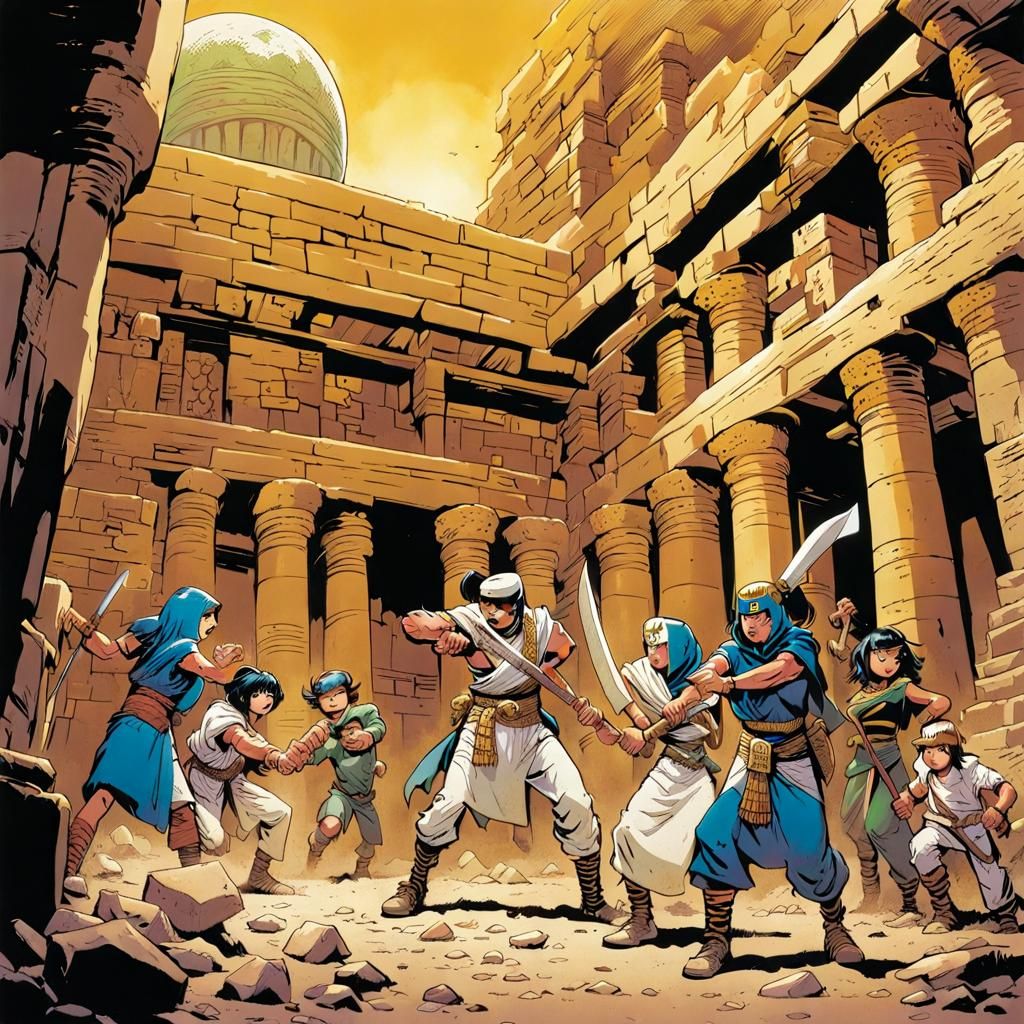 Teens Versus Mummy in Egyptian Tomb, Cartoon Style