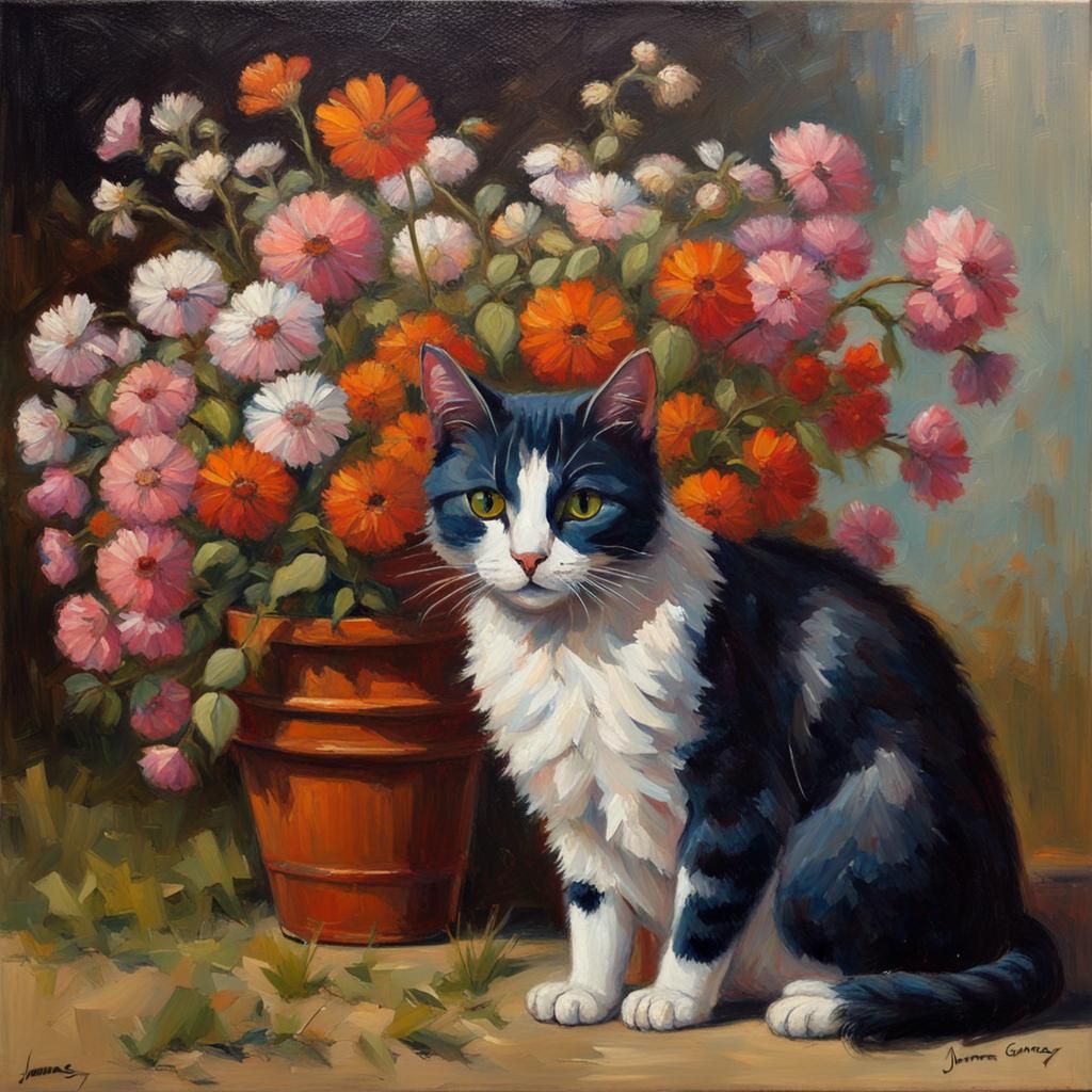 Cat Surrounded by Flowers in Oil Painting Style