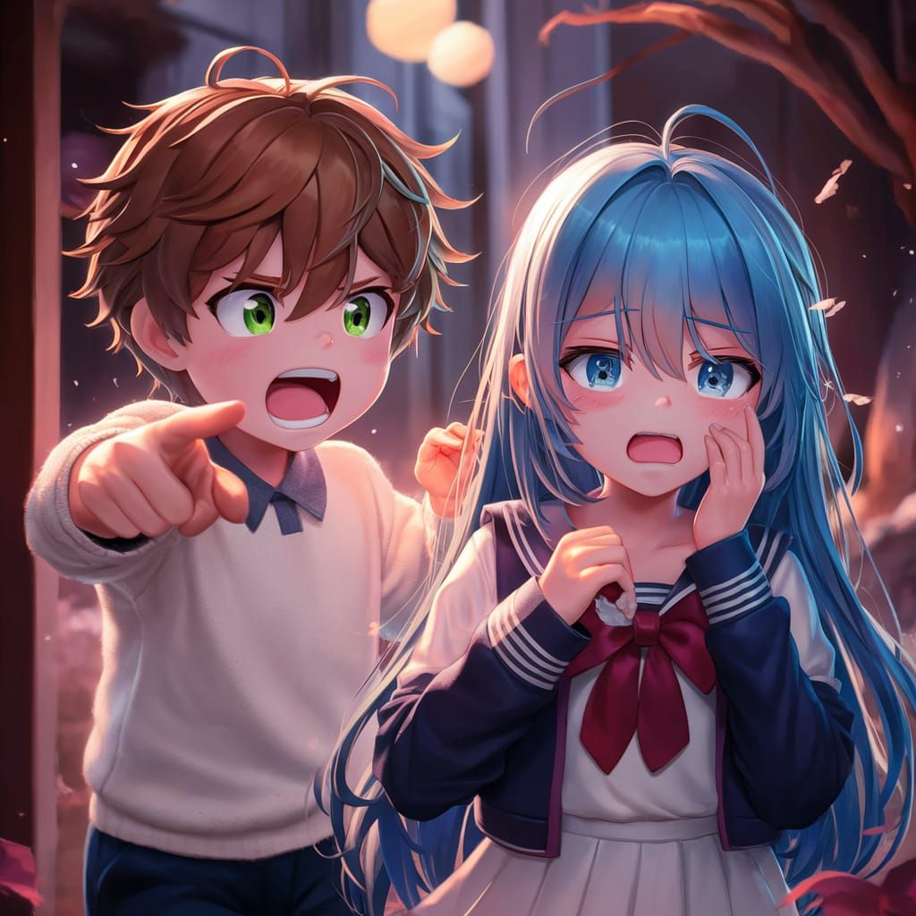 Anime Boy Confronts Crying Girl in 3D Render