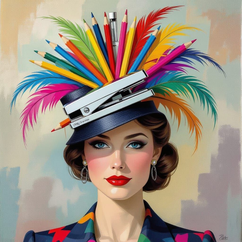 Office Supply Fascinator Hat in Toulouse Lautrec Style