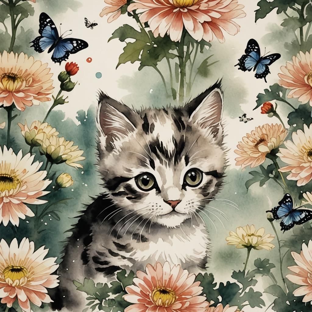 Kitten with Chrysanthemums in Japanese Watercolour