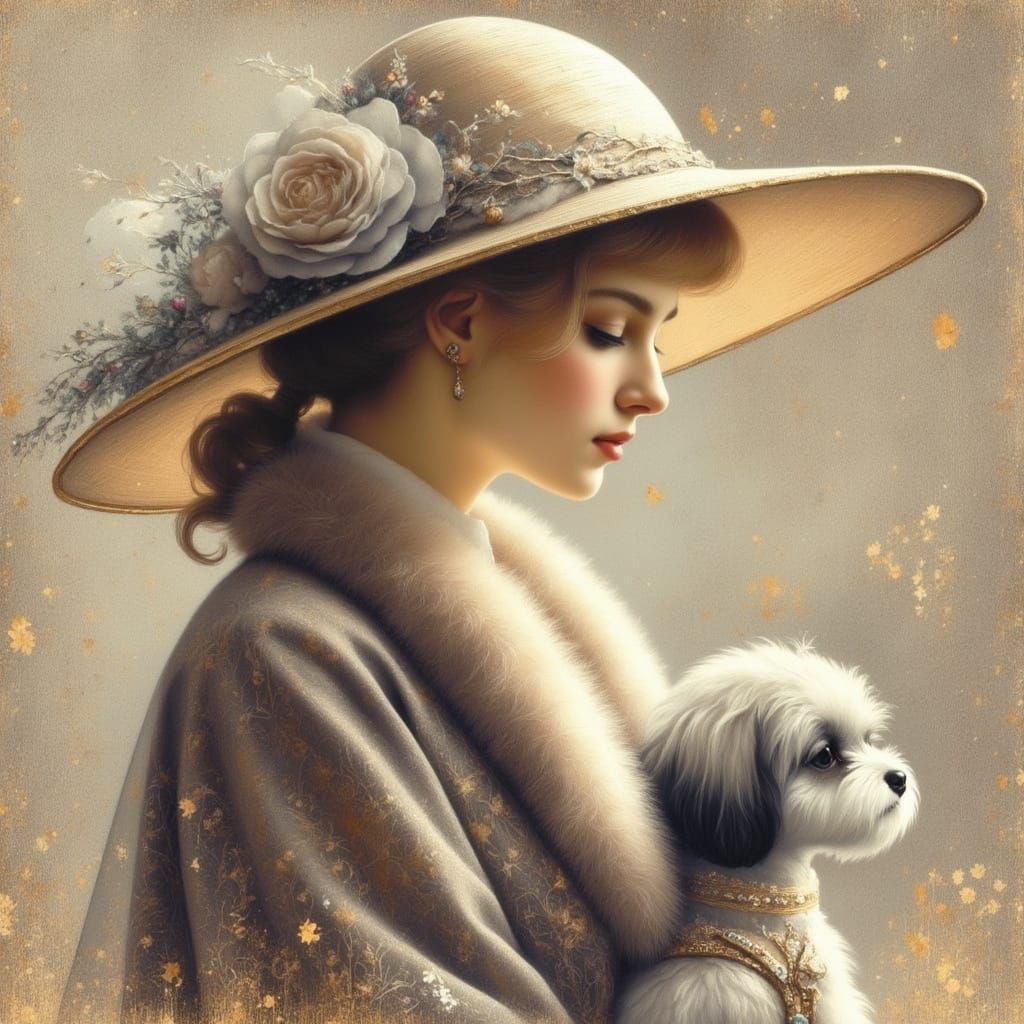 Elegant Lady in Lavish Attire with Puppy, in Belle Époque St...