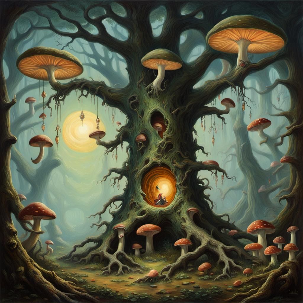 Fae in Prehistoric Forest: 1900s Oil Painting