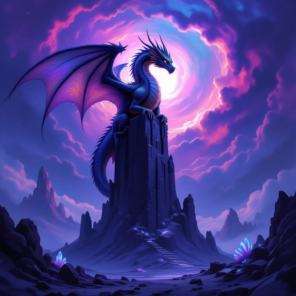 Majestic Dragon on Obsidian Tower in Nebula