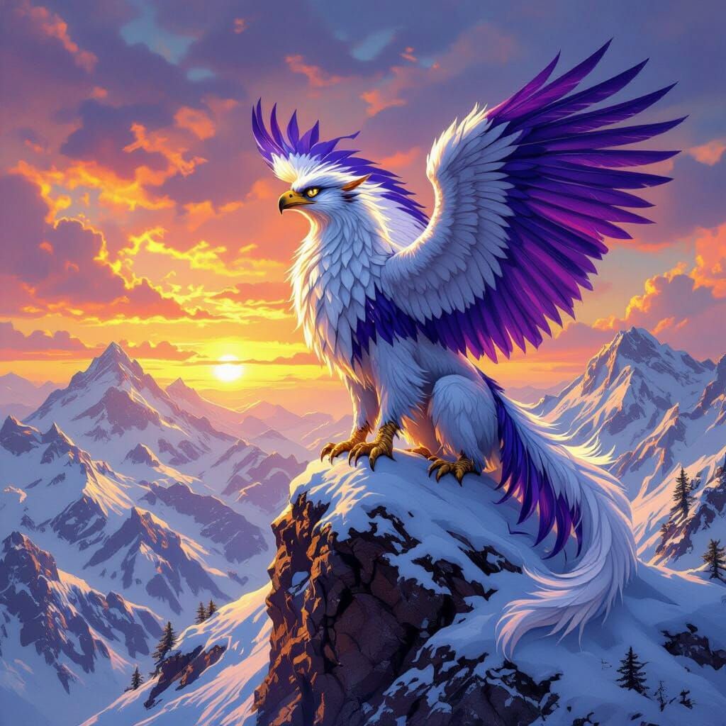 Griffin with Amethyst Feathers Surveys Wilderness at Sunset
