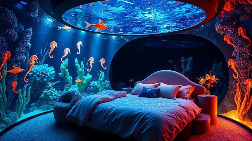 Surreal Underwater Bedroom Scene in Neon and Bioluminescent ...