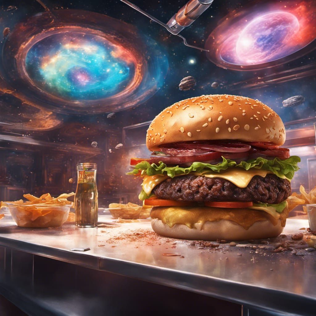 Hyperrealistic Burger Shop Concept Art in Space