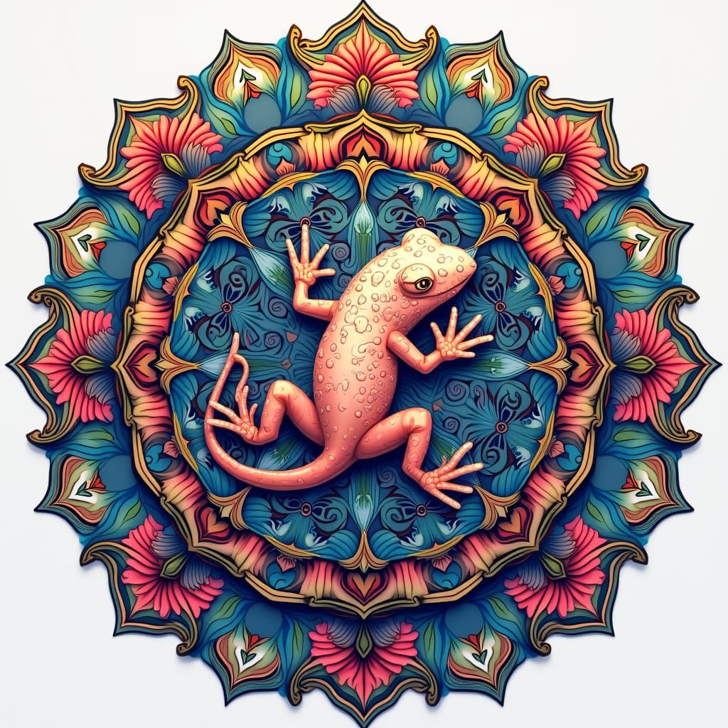 Hidden Axolotl Mandala with Geometric Florals
