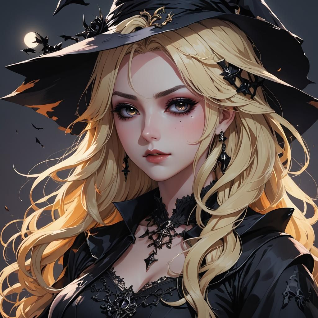 Goth Witch with Blonde Hair in Anime Style