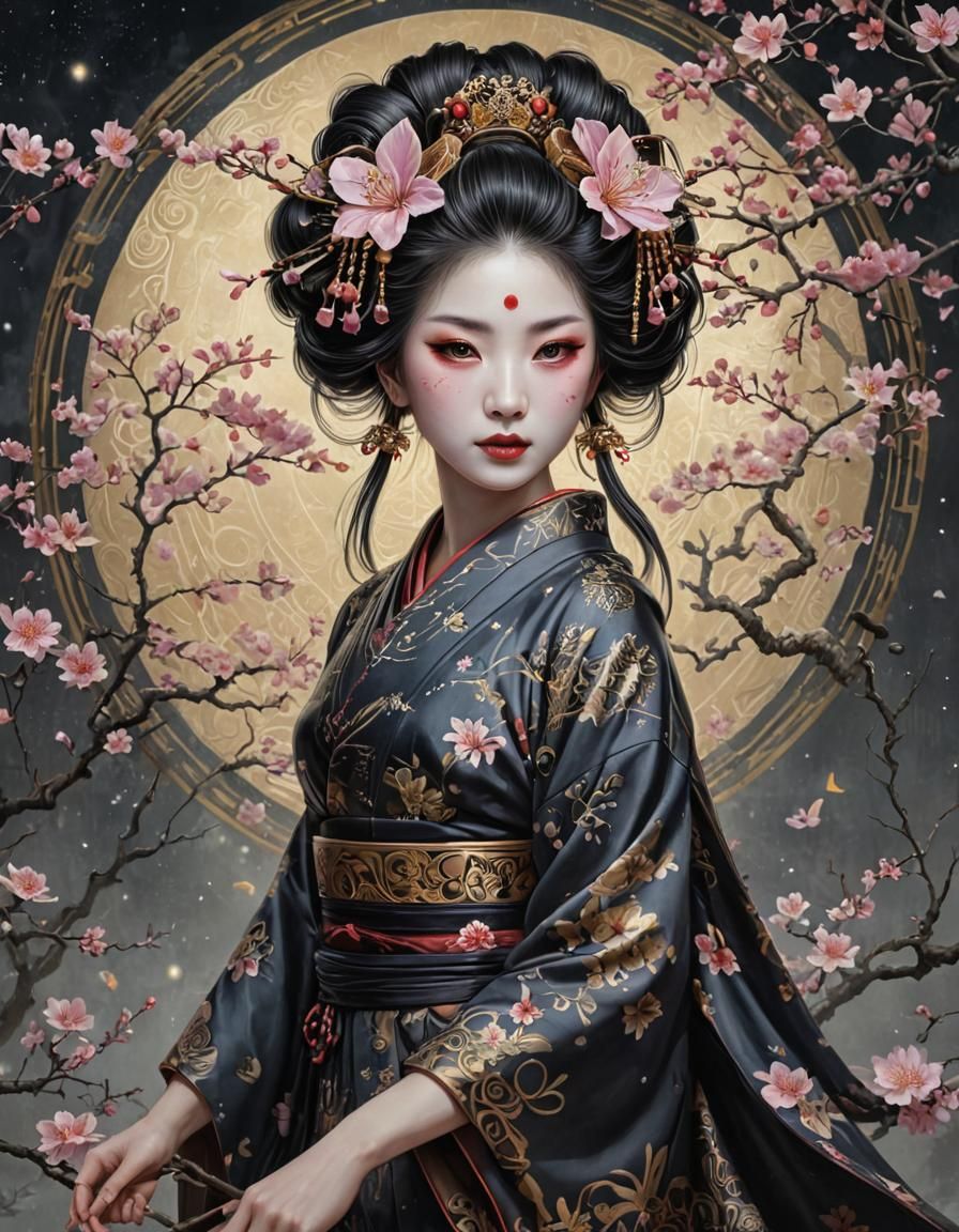 Ethereal Geisha in Celestial Sakura Garden