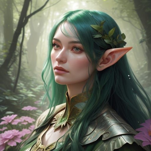 Female Elf Portrait in Forest with Flowers