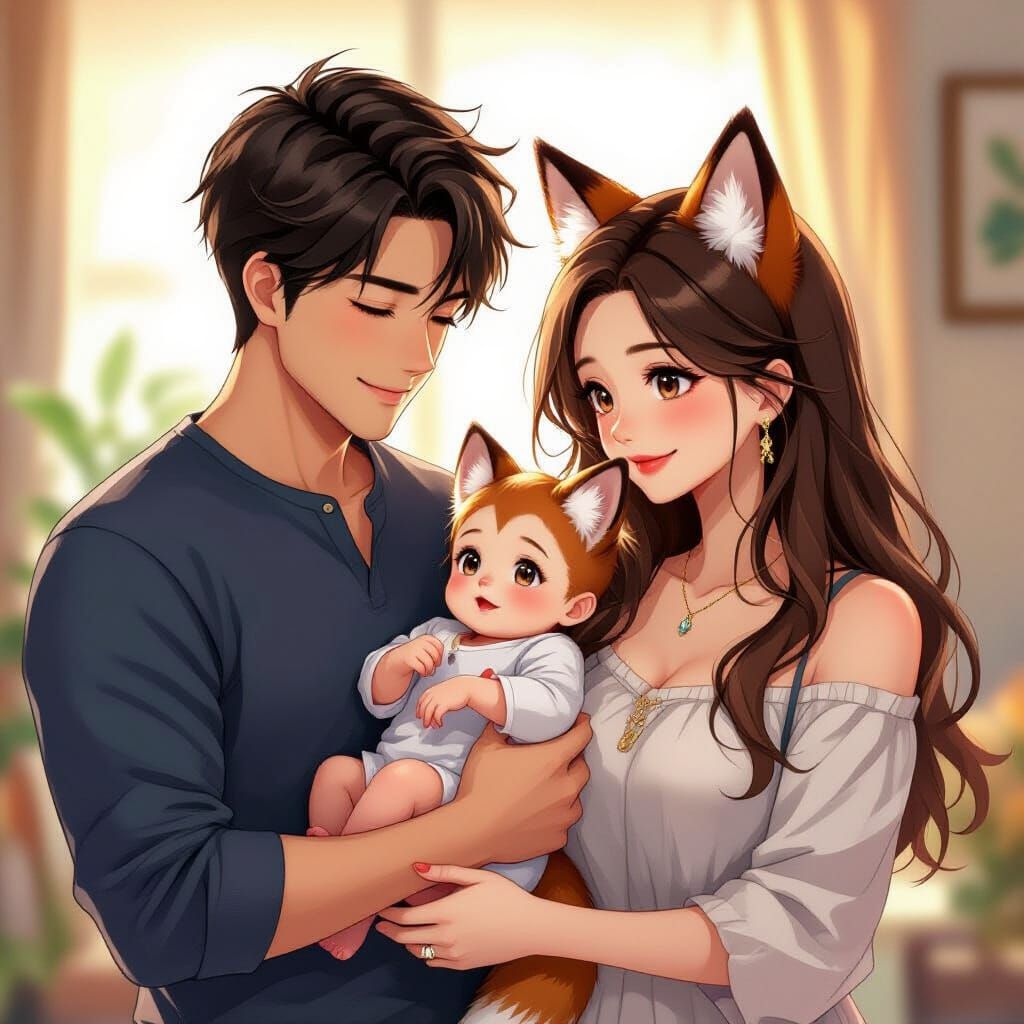 Loving Family with Fox-Eared Baby in Anime Style