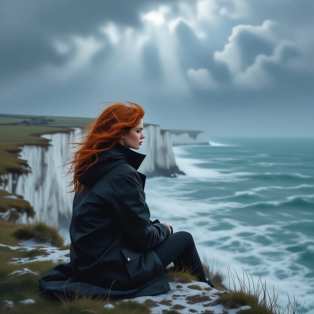 Woman Contemplates Turbulent Sea at White Cliffs