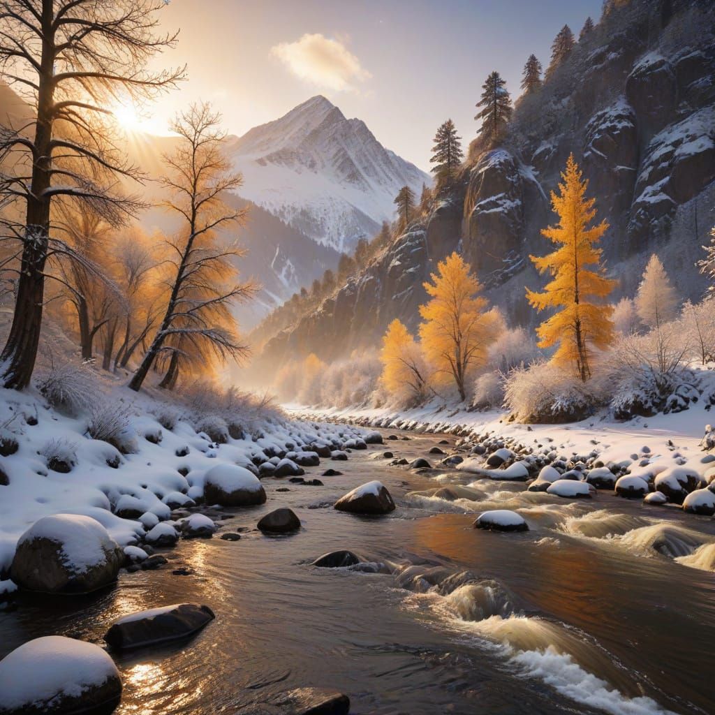 Snowy Mountain River at Sunrise: Landscape Photography