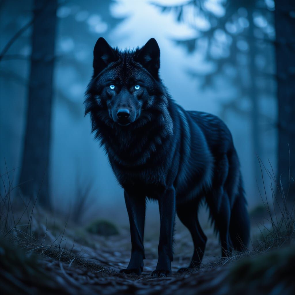 Black Wolf with Blue Eyes in Moonlit Forest