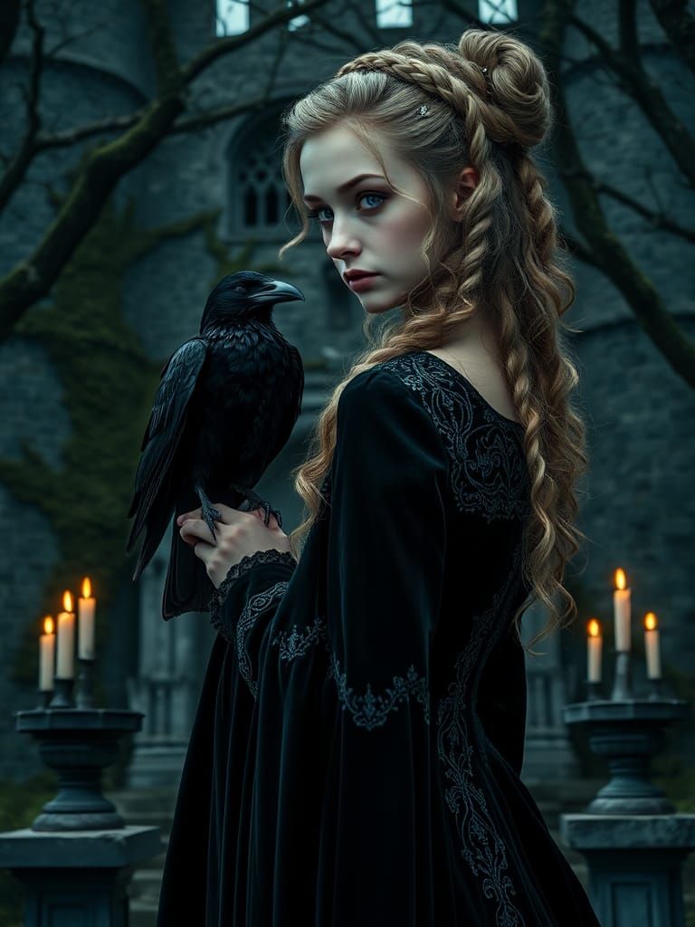 Nordic Gothic Woman with Raven in Medieval Castle
