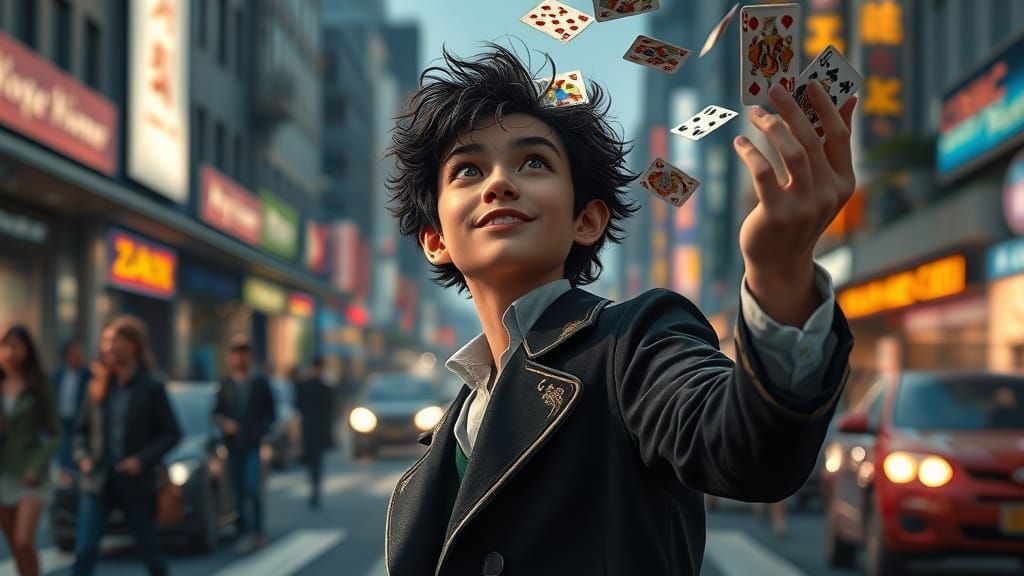 Mysterious Teen Magician in Urban Setting