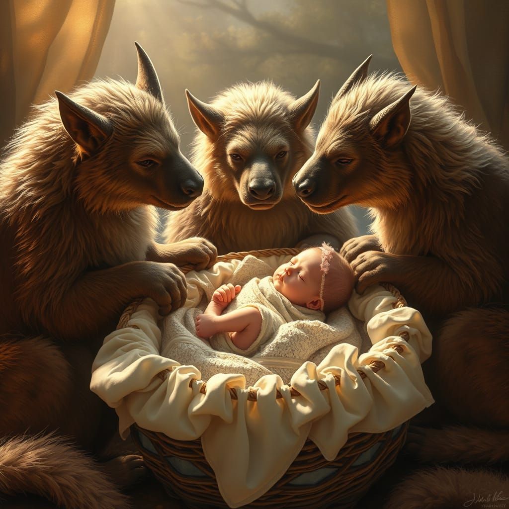 Gentle Beasts Guard Newborn in Warm Light